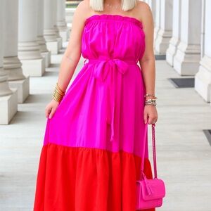 TCEC Strapless Pink Fuschia and Red Tiered Maxi Dress Lightweight Sz L